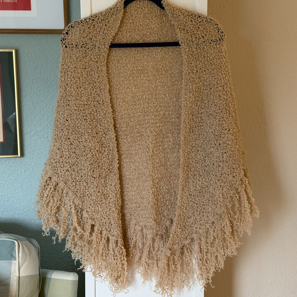 Handmade Knit Fringe Shawl - Tan/Beige